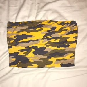 Yellow and blue and green camo strapless top